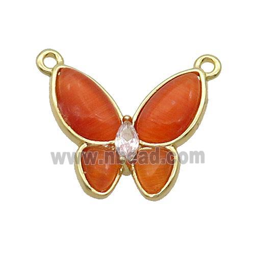Copper Butterfly Pendant Pave Red Catseye 2loops Gold Plated