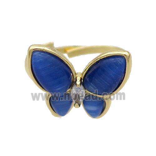 Copper Butterfly Ring Pave Blue Catseye Adjustable Gold Plated