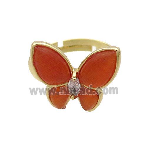 Copper Butterfly Ring Pave Red Catseye Adjustable Gold Plated