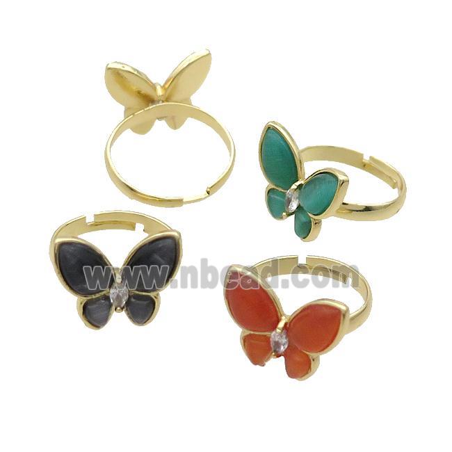 Copper Butterfly Ring Pave Catseye Adjustable Gold Plated Mixed