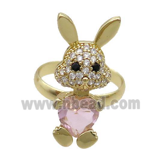 Copper Rabbit Ring Pave Zircon Pink Crystal Adjustable Gold Plated