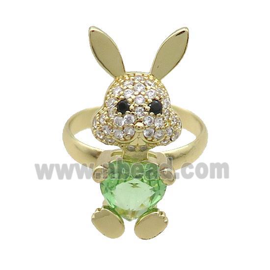 Copper Rabbit Ring Pave Zircon Green Crystal Adjustable Gold Plated