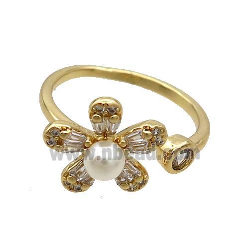 Copper Flower Ring Pave Zircon Pearlized Plastic Gold Plated