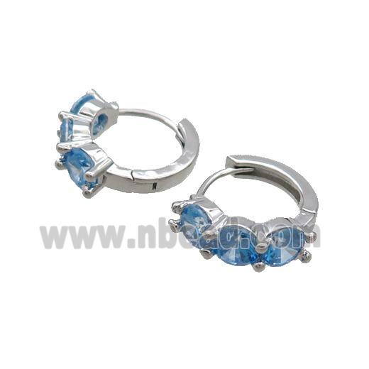 Copper Hoop Earring Pave Blue Zircon Platinum Plated