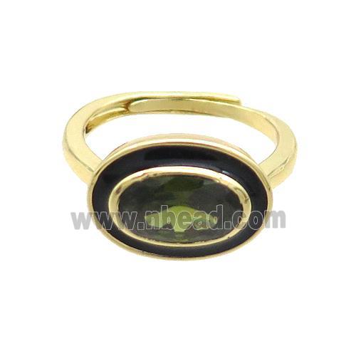 Copper Ring Pave Green Crystal Oval Black Enamel Adjustable Gold Plated