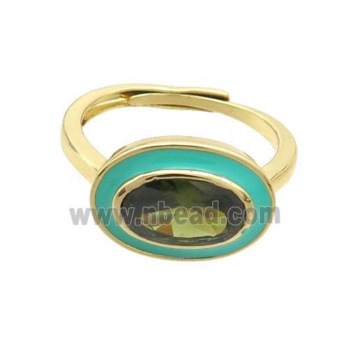 Copper Ring Pave Green Crystal Oval Enamel Adjustable Gold Plated