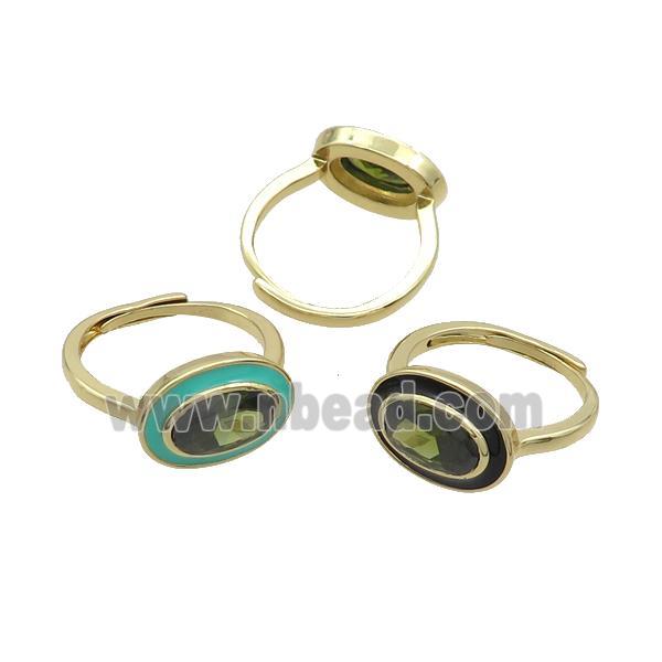 Copper Ring Pave Green Crystal Oval Enamel Adjustable Gold Plated Mixed