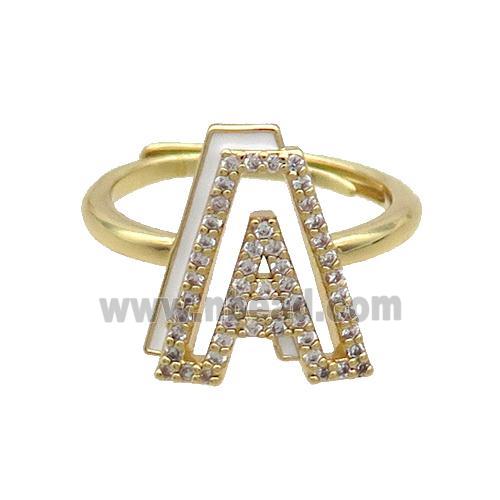 Copper Ring Pave Zircon A-Letter Adjustable White Enamel Gold Plated