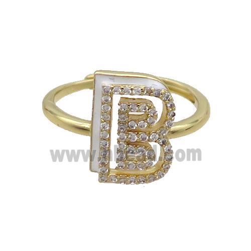 Copper Ring Pave Zircon B-Letter Adjustable White Enamel Gold Plated