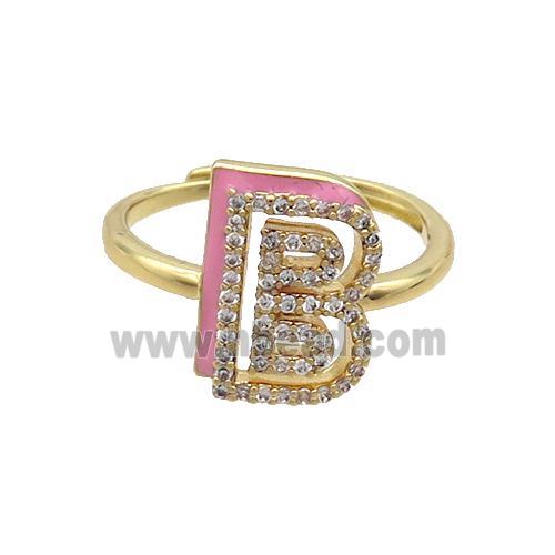 Copper Ring Pave Zircon B-Letter Adjustable Pink Enamel Gold Plated