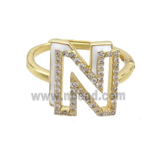 Copper Ring Pave Zircon N-Letter Adjustable Enamel Gold Plated