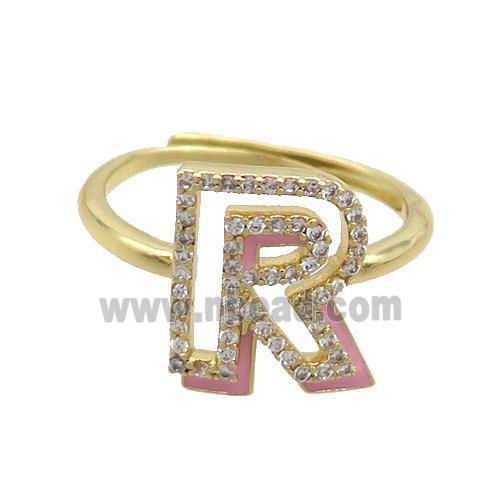 Copper Ring Pave Zircon R-Letter Adjustable Enamel Gold Plated
