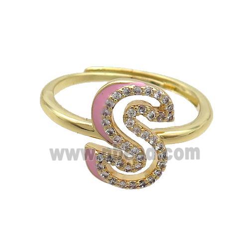 Copper Ring Pave Zircon S-Letter Adjustable Enamel Gold Plated