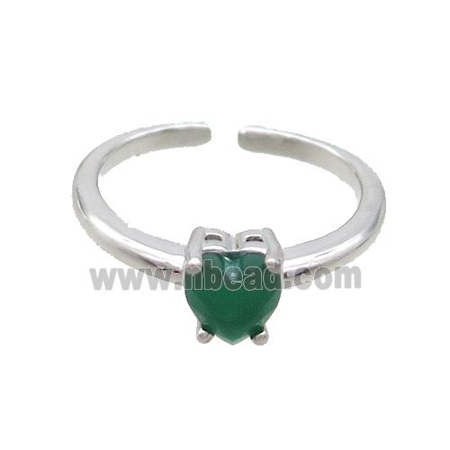 Copper Ring Pave Green Crystal Glass Heart Platinum Plated