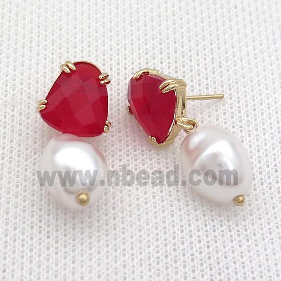Copper Stud Earring Pave Red Crystal Glass Pearlized Shell Gold Plated