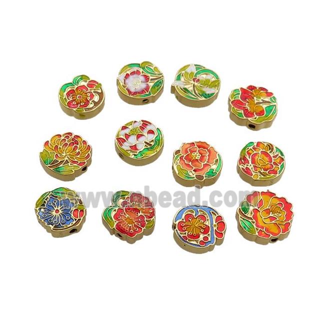 Copper Flower Beads Multicolor Cloisonne Gold Plated