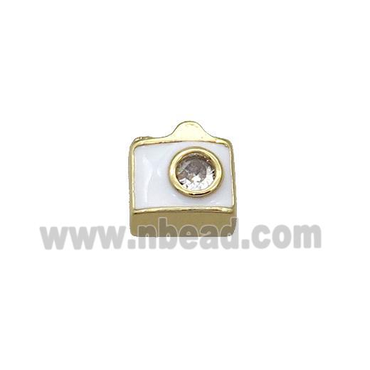 Copper Camera Charm Beads Pave Zircon White Enamel Gold Plated