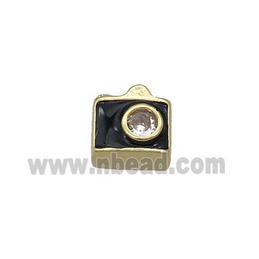 Copper Camera Charm Beads Pave Zircon Black Enamel Gold Plated