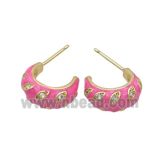 Copper Stud Earrings Pave Zircon Pink Enamel Gold Plated