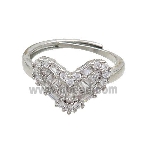 Copper Heart Rings Pave Zircon Adjustable Platinum Plated