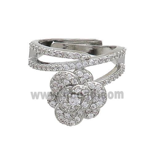 Copper Flower Rings Pave Zircon Adjustable Platinum Plated