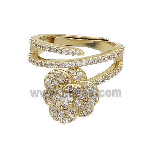 Copper Flower Rings Pave Zircon Adjustable Gold Plated