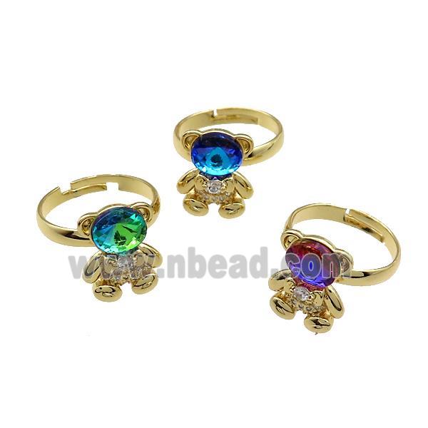 Copper Bear Rings Pave Zircon Crystal Glass Adjustable Gold Plated Mixed