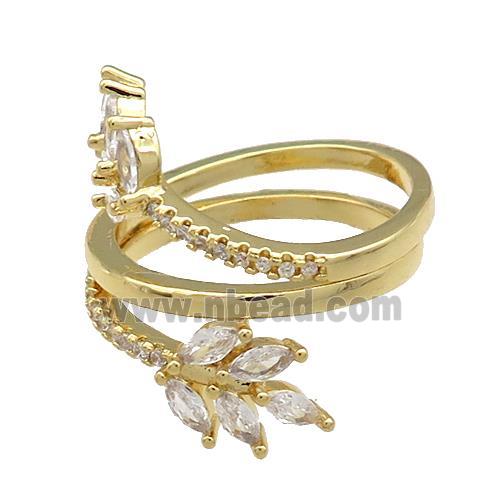 Copper Rings Pave Zircon Leaf Gold Plated