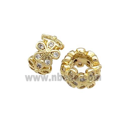 Copper Rondelle Beads Pave Zircon Flower Large Hole Gold Plated