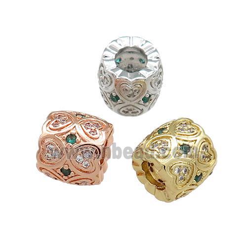 Copper Tube Beads Pave Zircon Heart Large Hole Mixed