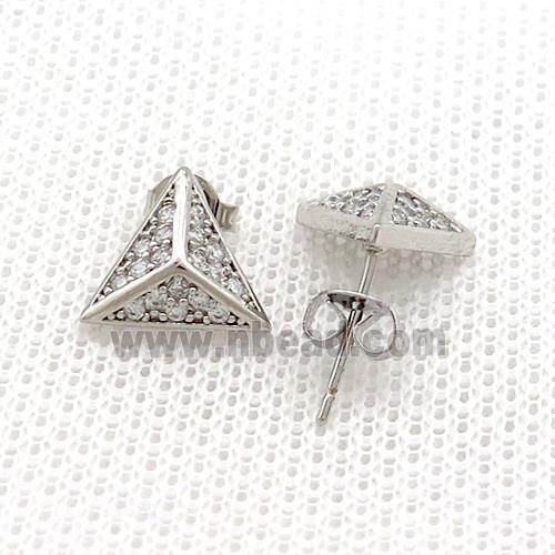 Copper Stud Earrings Pave Zircon Triangle Platinum Plated