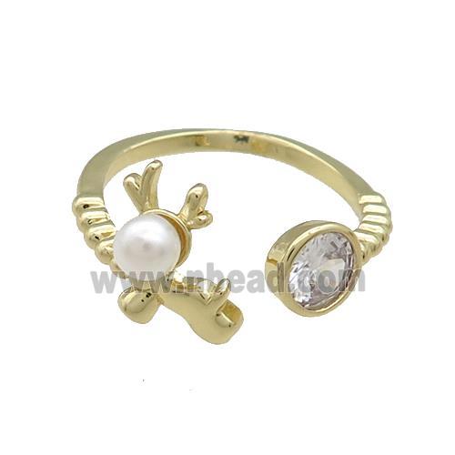 Copper Christmas Deer Rings Pave Zircon Pearlized Resin Gold Plated