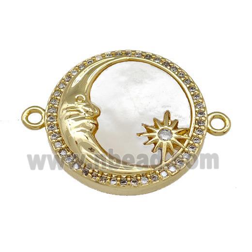 Moon Charms Copper Circle Connector Micro Pave Shell Zirconia 18K Gold Plated