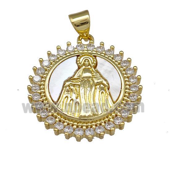 Virgin Mary Charms Copper Circle Pendant Pave Shell Zirconia 18K Gold Plated