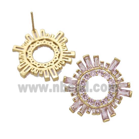 Copper Stud Earrings Micro Pave Pink Zirconia Sun Gold Plated