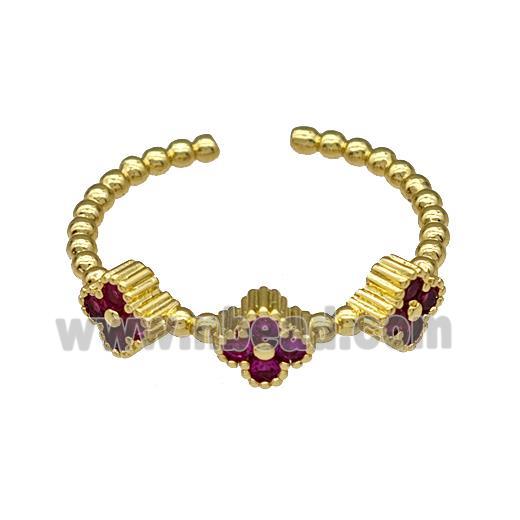 Copper Clover Rings Micro Pave Fuchsia Zirconia Gold Plated