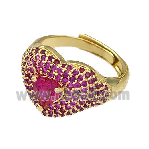 Copper Heart Rings Micro Pave Fuchsia Zirconia Adjustable Gold Plated