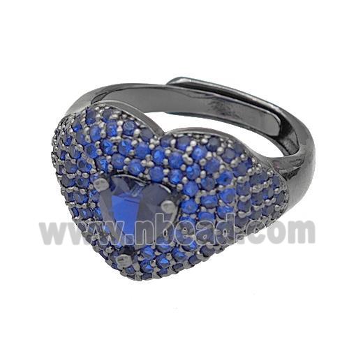 Copper Heart Rings Micro Pave Blue Zirconia Adjustable Black Plated