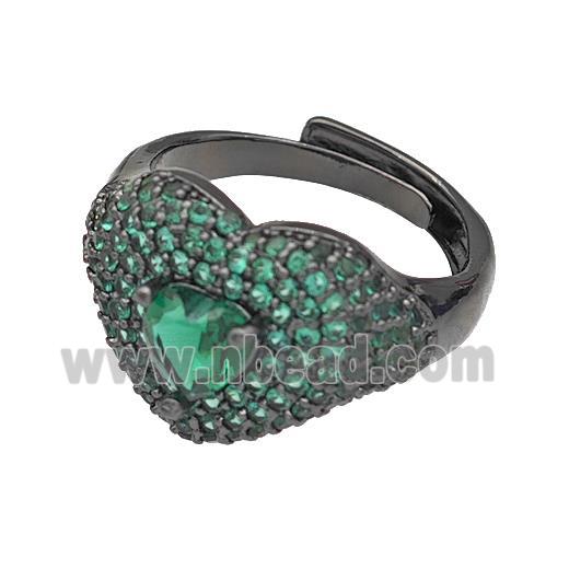 Copper Heart Rings Micro Pave Green Zirconia Adjustable Black Plated