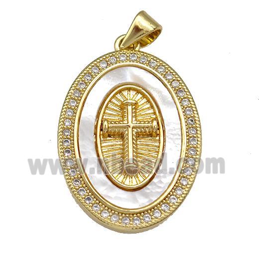 Copper Oval Pendant Pave Shell Zircon Cross 18K Gold Plated