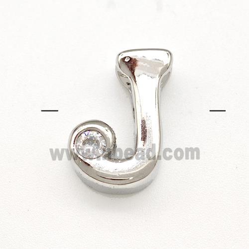 Copper Letter-J Beads Pave Zircon Platinum Plated