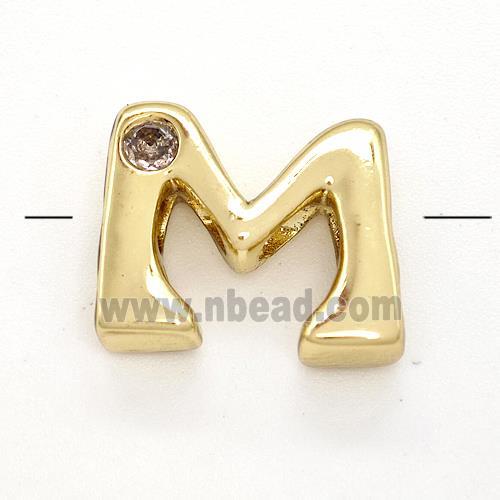 Copper Letter-M Beads Pave Zircon Gold Plated