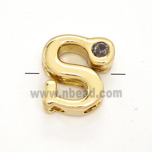 Copper Letter-S Beads Pave Zircon Gold Plated