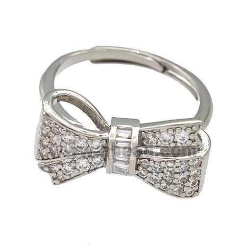 Copper Bow Rings Micro Pave Zirconia Adjustable Platinum Plated
