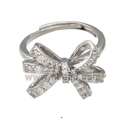 Copper Bow Rings Micro Pave Zirconia Adjustable Platinum Plated