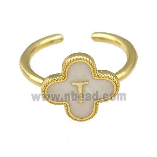 Copper Clover Rings Letter-T Painted Gold Plated