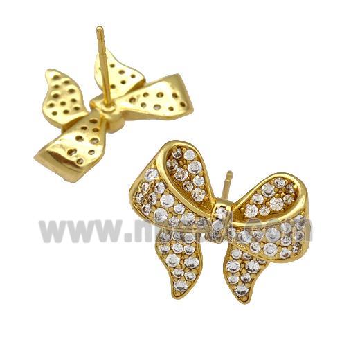 Copper Bow Stud Earrings Pave Zircon Gold Plated