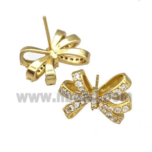 Copper Bow Stud Earrings Pave Zircon Gold Plated