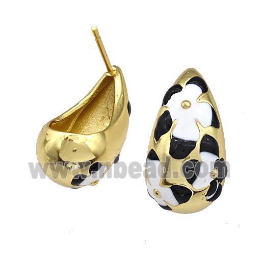 Copper Teardrop Stud Earrings Black White Enamel Hollow Gold Plated
