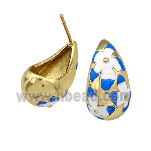 Copper Teardrop Stud Earrings Blue White Enamel Hollow Gold Plated